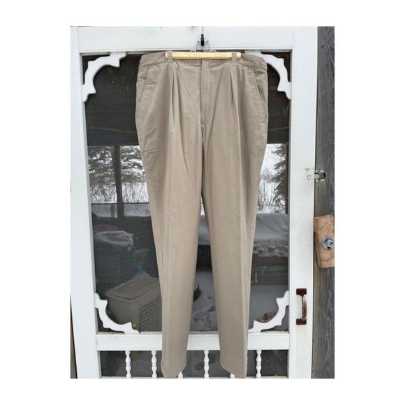 90s Izod Lacoste Tan Chinos Trousers Pleat Front Flannel Plaid Lining Cotton - Picture 2 of 8